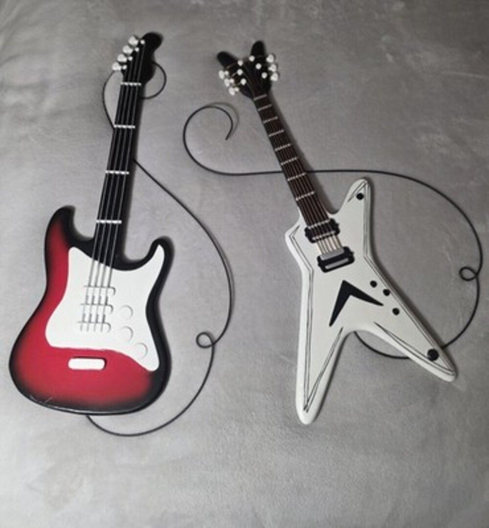 Set of 2 Electric Guitar Wall Art Decor Red Sunburst & White X-Shape Heavy Metal